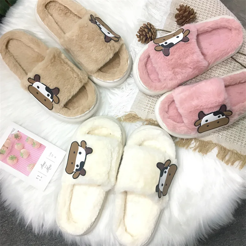 Cow Thick Fluffy Fur Slippers 2023 New Women Winter House Warm Furry Slippers Women Flip Flops Home Slides Flat Indoor Shoes