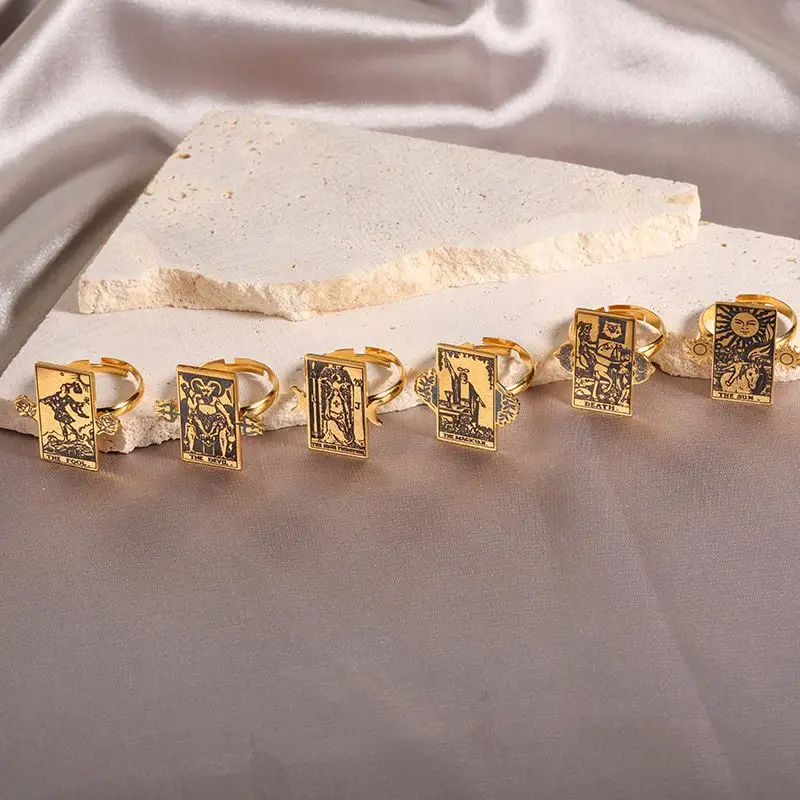18K Gold Plated Vintage Heart Ring Retro Opening Rings Astrology Divination Magic Amulet Tarot Cards Rings