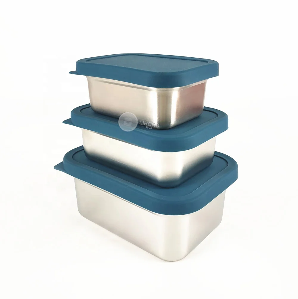 Eco friendly BPA free stainless steel school lunch box rectangle silicone lid metal food storage container set