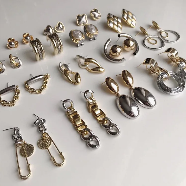 PJ-M064 2022 INS Gold Steel Color Stitching Metal Earrings Jewelry Fashion Stud Charm Earring Drop Earrings