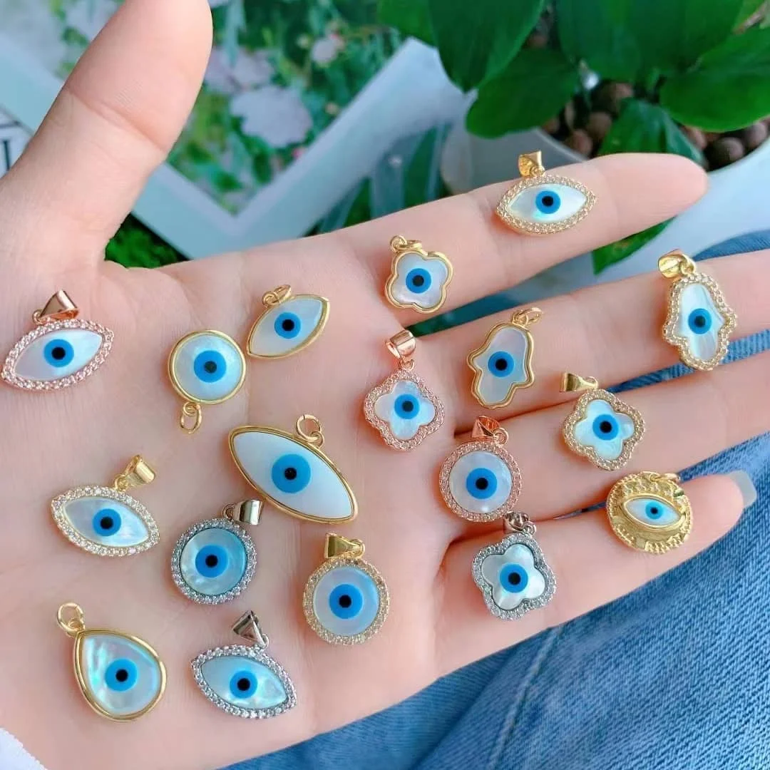CZ8487 18K Gold Micro Pave cz shell Evil Eyes pendants Mop evil eyes Cubic Zirconia Turkish evil eyes Protection Charm Pendant