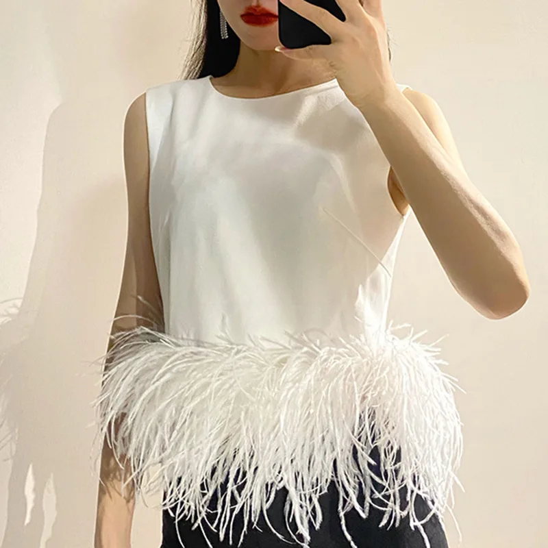 Round Collar Sleeveless Simple Style Vest Top with Detachable Feathers