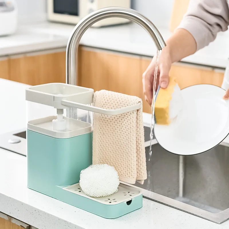 Kitchen Sink Soap Dispenser 2-in-1 Sponge Towel Organizer Multipurpose Sponge Cleaning Cloth Drain Rack for Kitchen Storage