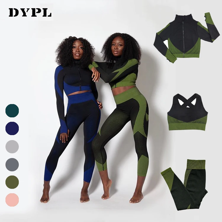 Women Workout Outfit 3 Pieces Seamless Yoga Leggings with Sports Bra Gym Clothes Set