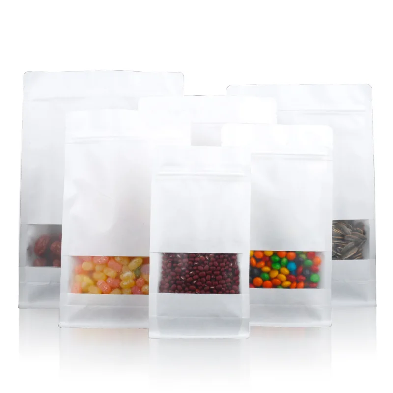 In Stock Laminated White Kraft Paper Stand Up Zipper Flat Bottom Pouch For  Nut  Cashew  Tea  Dry Fruit Beef Jerk Packaging