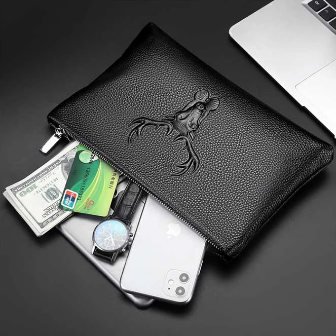 Wholesale Business Style Genuine Leather Clutch Bag For Men Fashion Embossing Eagle Black Envelope Clutch Hand Bag For Men