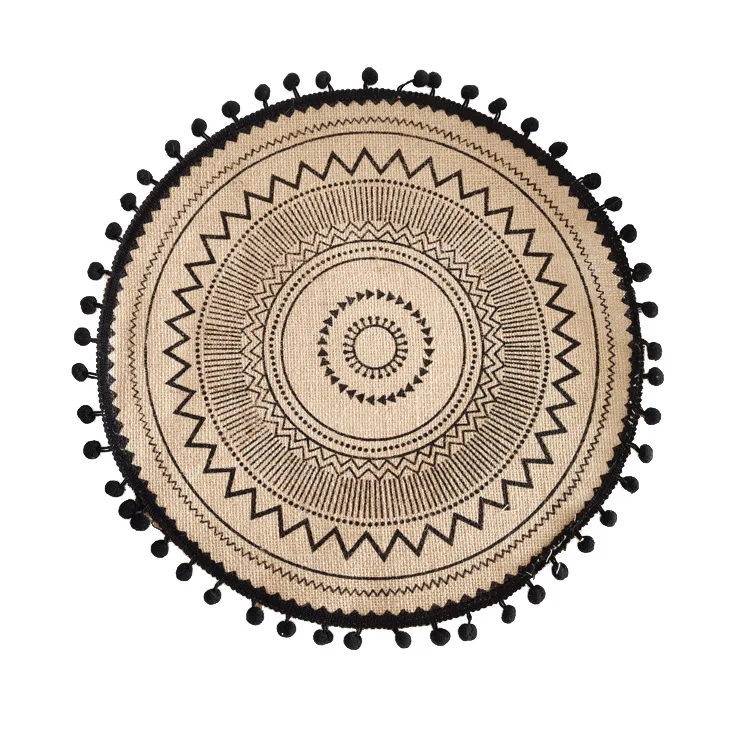 Round Placemat 15 Inch - Farmhouse Woven Jute Fringe Table Mats Set of 4 with Pompom Tassel Place Mat for Dining Room Kitchen Ta