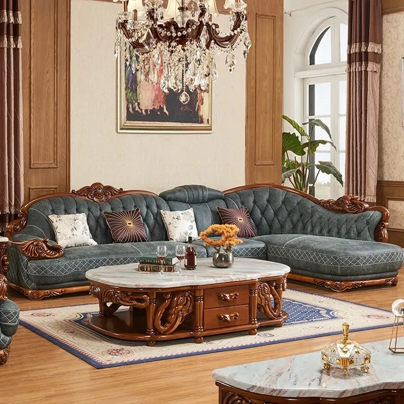 European-style leather sofa combination solid wood carving apartment living room corner luxury American sofa furniture complete
