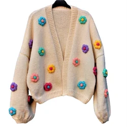Light Luxury Lovely Custom Flower Fabric Geometric Lace Crochet Pearl Cotton Embroidery Thread Ball Cardigans for women