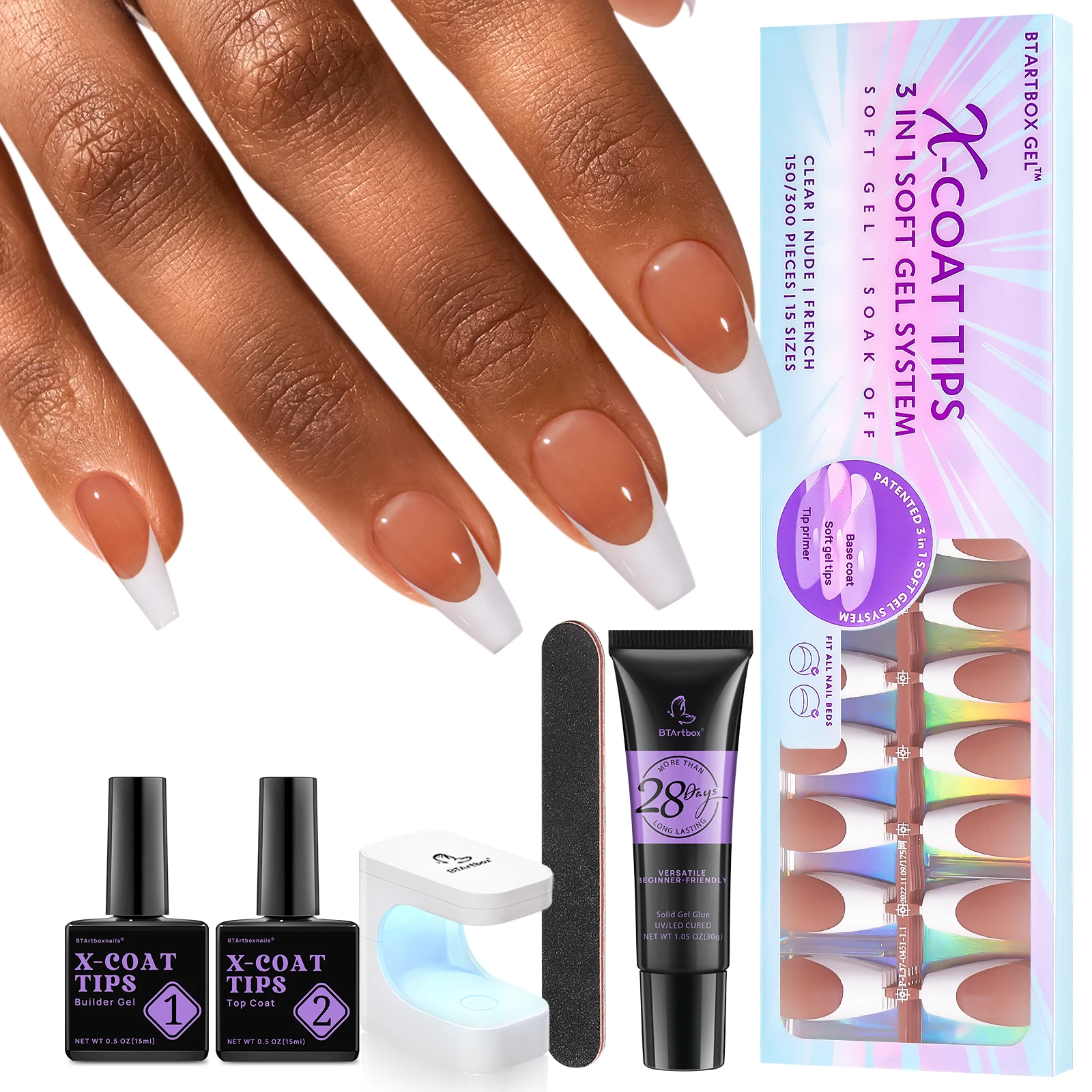 Wholesale 150pcs French Coffin Gel Tips Full Cover Fake Nails With Glue Kit Top Coat Builder Gel French Tip Nail Extension Kit