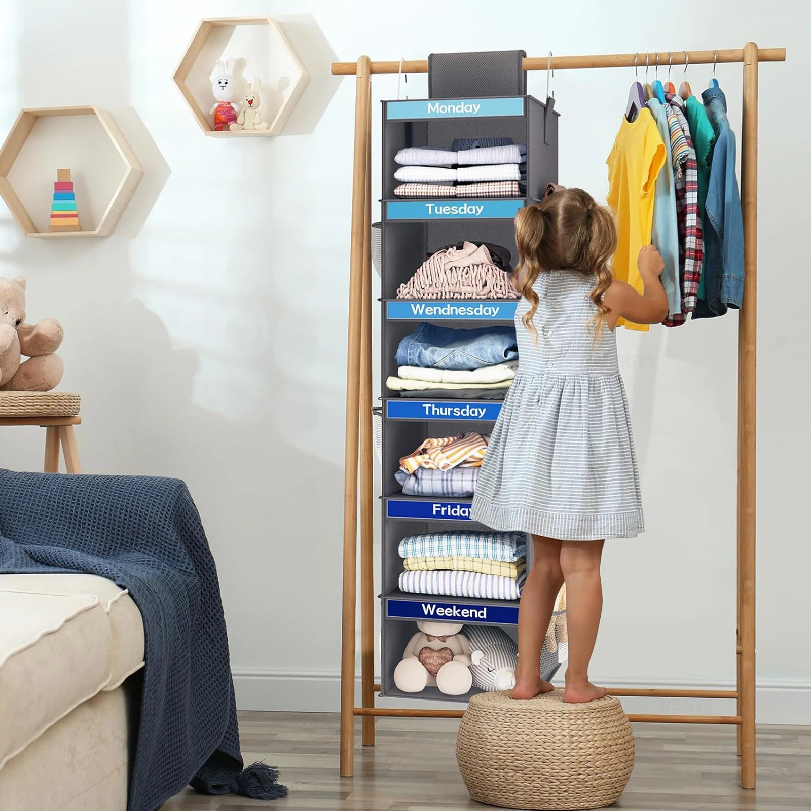 Kids Closet Organizers and Storage,Weekly Hanging Clothes Organizer,Daily Kid Outfit Organization,6 Shelf,Monday Through Weekend