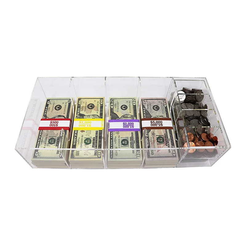 5 Compartment Acrylic Money Storage Box Locking Currency Tray Cash Organizer with Lockable Cover