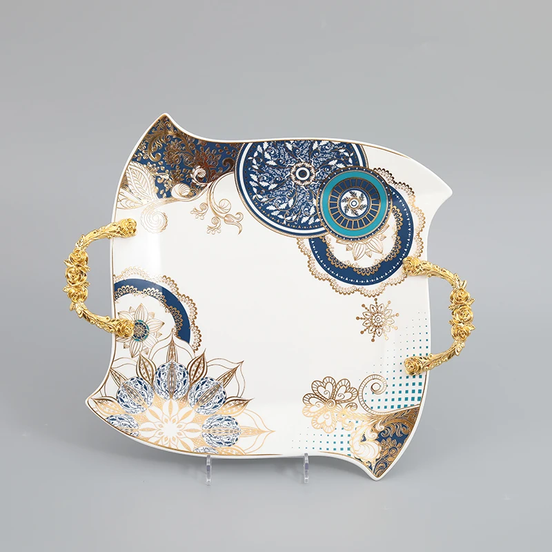 Hot Selling Irregular Square Shape Decorative Ceramic Embossed Decal  Fruit Candy Chocolate Tray Plate Set