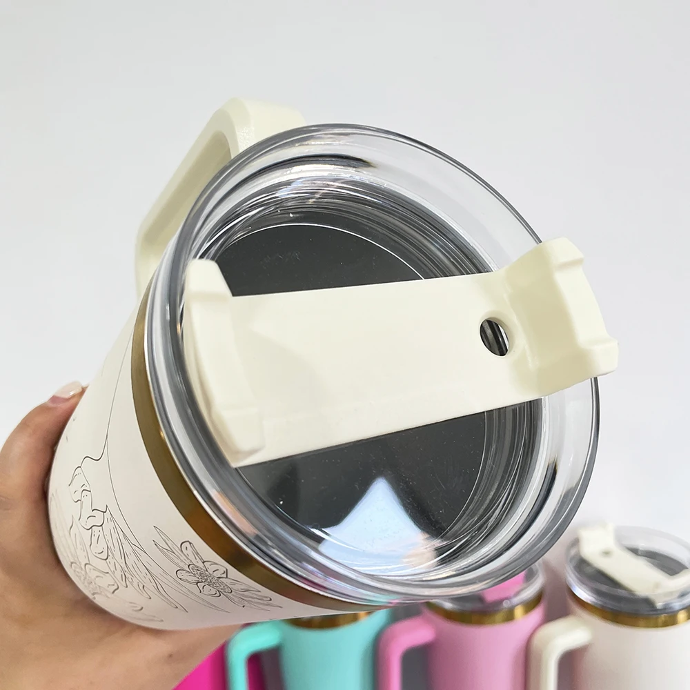 Laser Engraved powder coated stainless steel 40oz cream copper tumbler with handle for Sunflower Laser Engrave