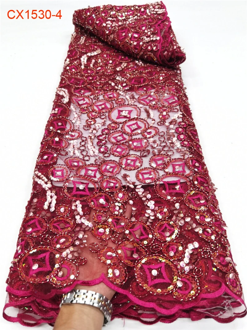 2024 China Wholesale Price Sequin Lace Fabric Embroidery Big Sunflower Sequin Beaded Fabric African Fabrics
