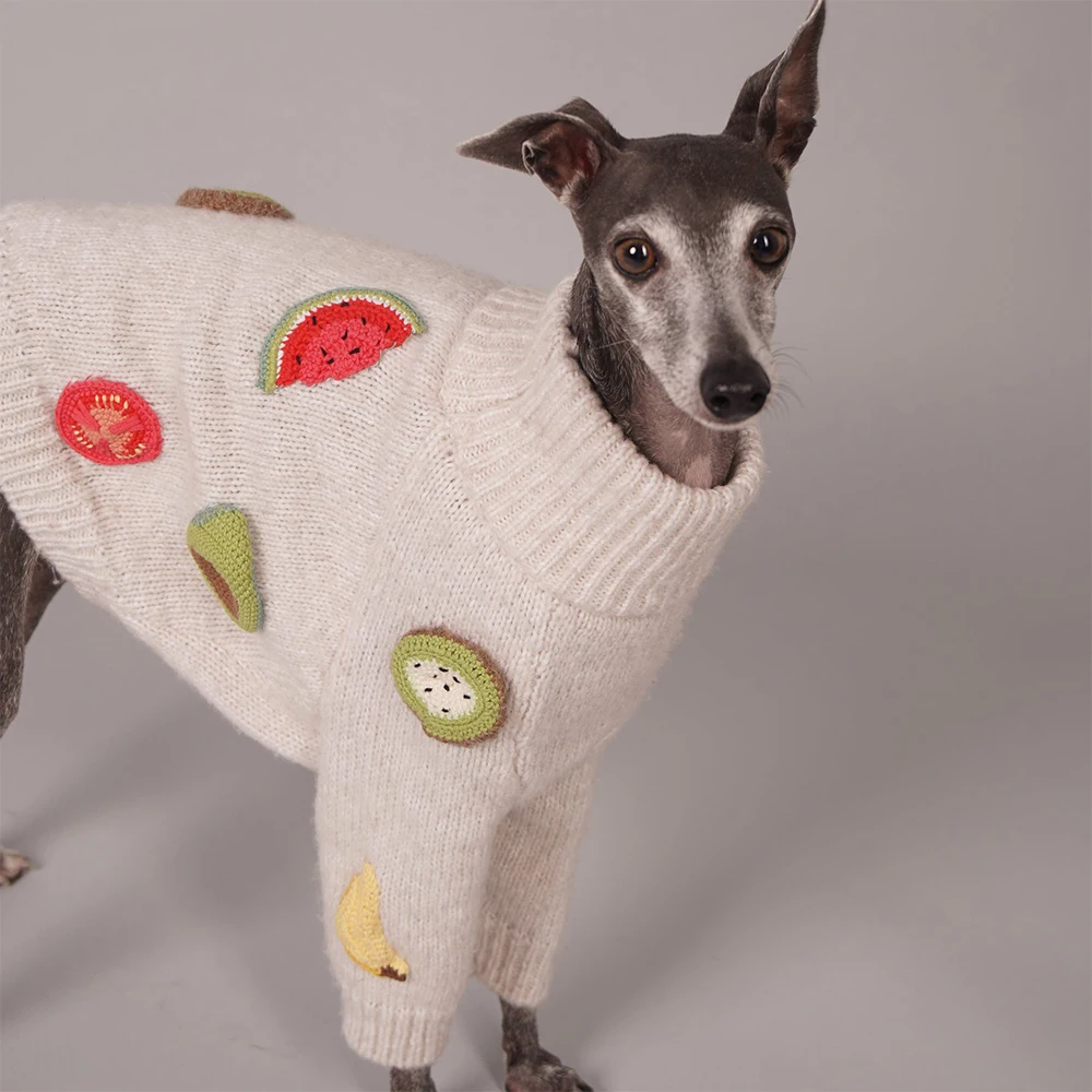 Qiqu Pet Supplies Custom New Designer Dog Human Owner Matching handmade fruit crochet virgin wool dog jumper cropped cardigan