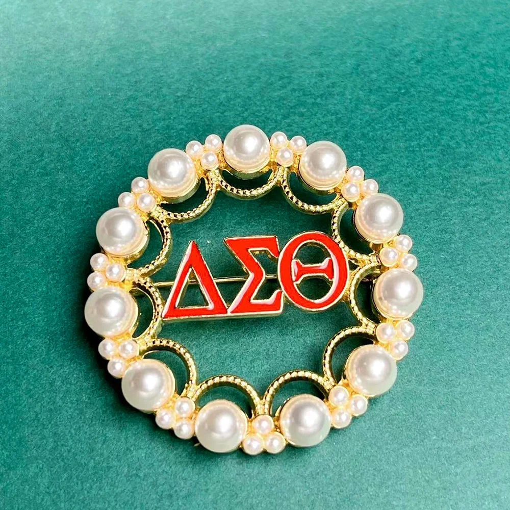 Custom Round Pearl Metal Delta Theta Letters Name Brooches Pins DST AKA Greek Sorority Jewelry Brooch Pin