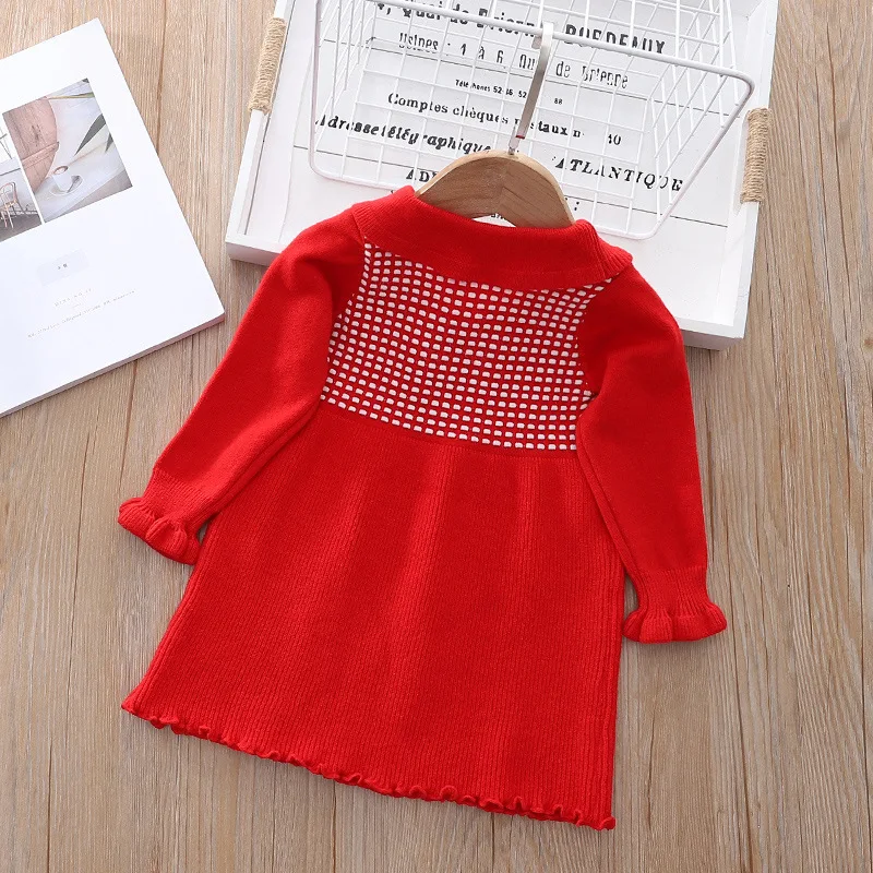 Autumn and winter 1-8 years old little girl knitted doll collar sweater dress sweet beauty baby long-sleeved knitted skirt