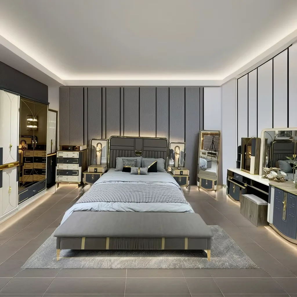 Classic King Bedroom Collection Opulent Gold Bed Set Vanity Ultimate Efficient Innovative Smart Set for Villa Bedroom