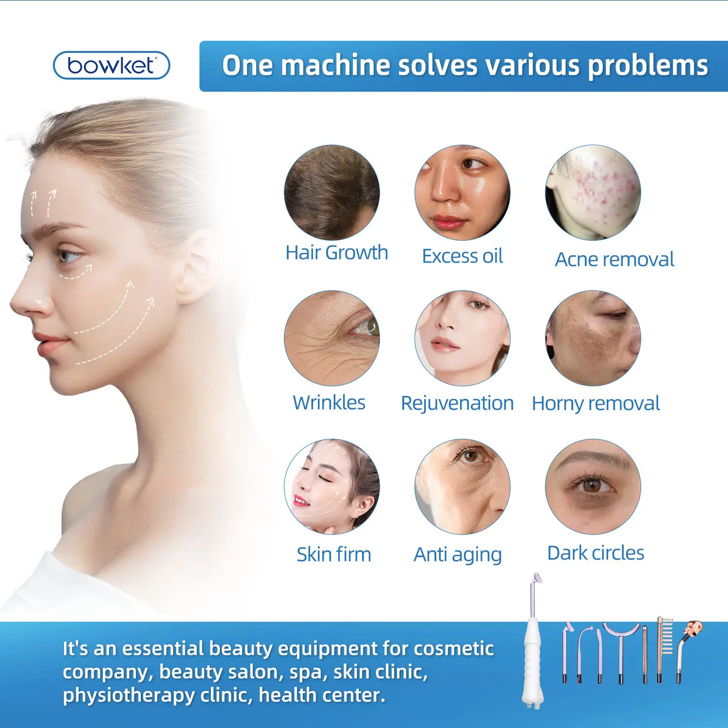 Bowket High Frequency Facial Machine 7 Wands Tube Electrode Argon Gas Skin Tightening and Wrinkle Reducing Beauty Instrumentacne