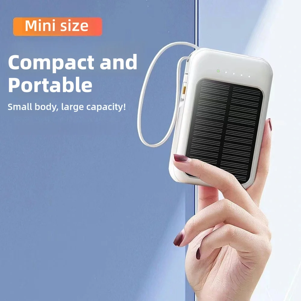 2025 Trends Portable Mini Slim 10000mAh Solar Powerbanks Travel Charger Built-In Charging Cables External Battery Power Bank