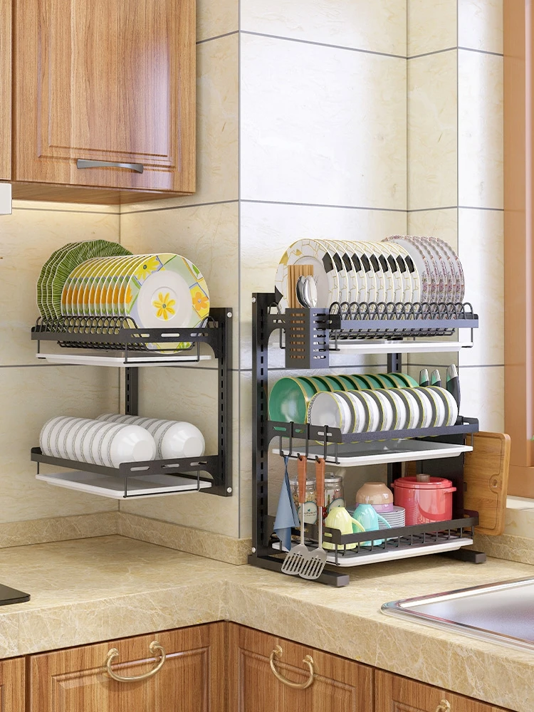 Double layer stainless steel black folding plate drying drain rack kitchenware storage rack for kitchen