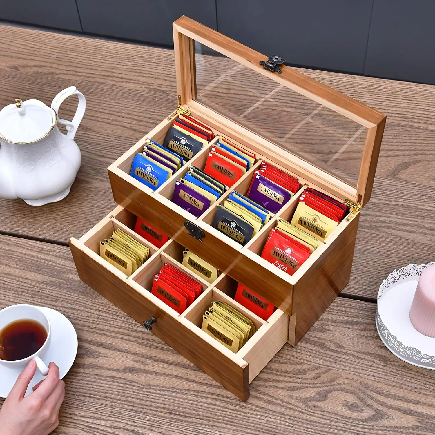 Large Capacity Vintage Wood Tea Bag Box Tea Storage Chests with Clear Lid Wooden tea box