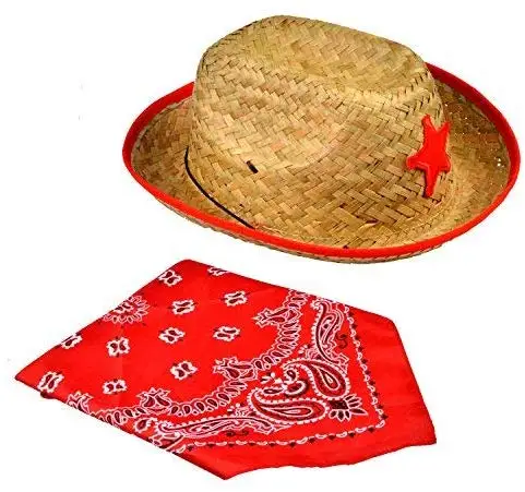 Party Favors Red Blue Sheriff Badge Cowboy Straw Hats With Plastic Star Cowboy Bandannas
