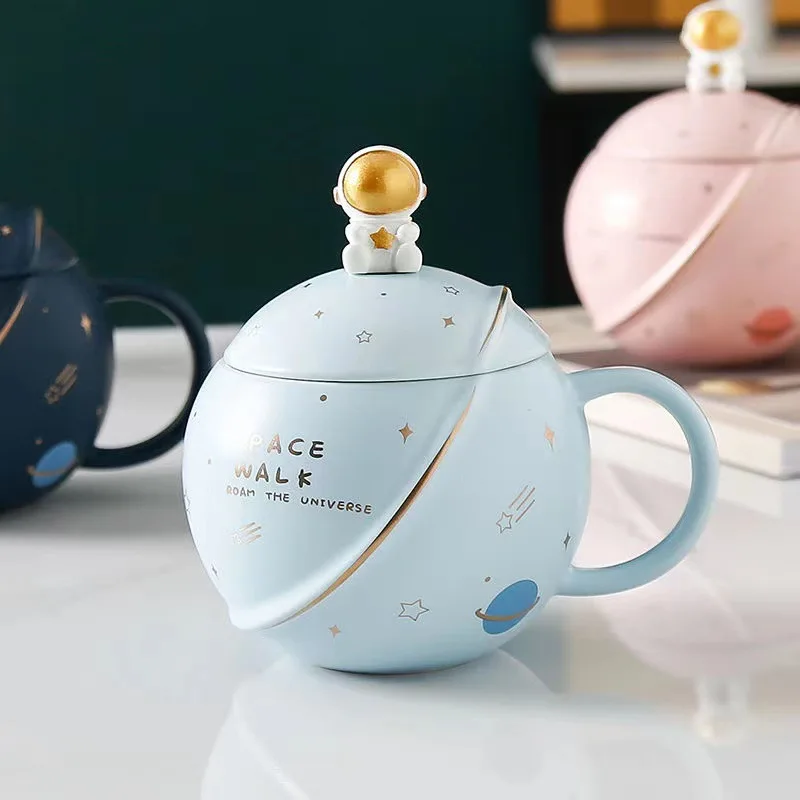 Creative Design Ceramic planet cup mug with lid and spoon Lovely bone china tea cup coffee mug for kid gift Multiple color