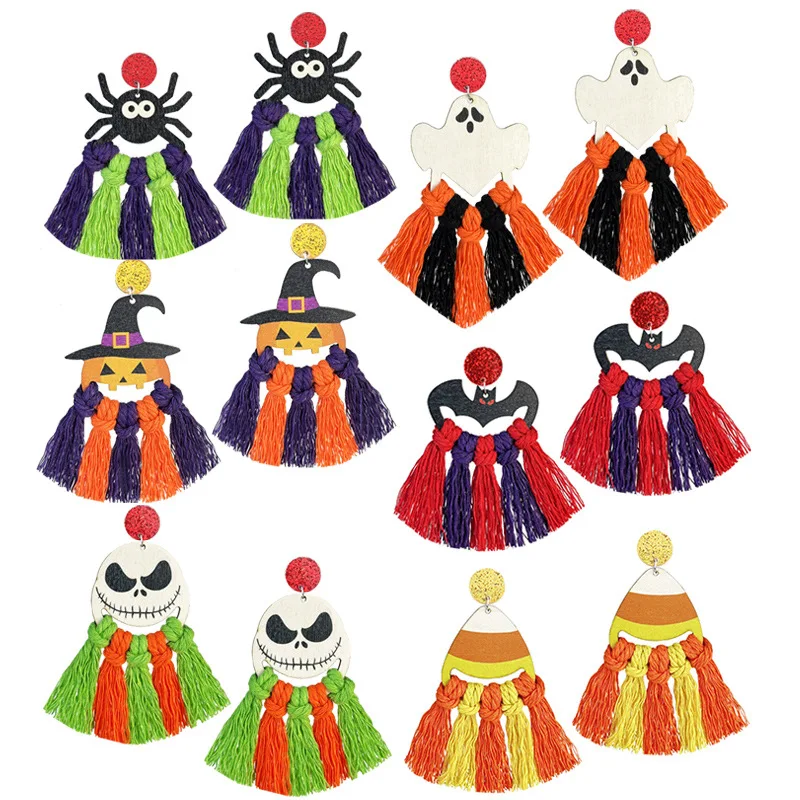 Newest Halloween Hand-woven Tassel Wooden Earrings Personalized Jewelry Pumpkin Bat Ghost Spider Colorful Earrings