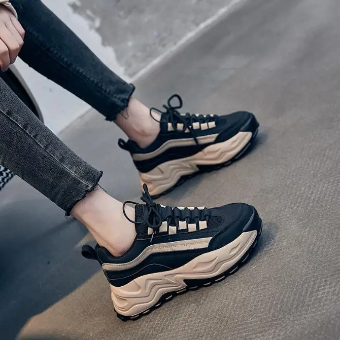 Spring new real soft leather sneakers female student running thick bottom heightening sneakers