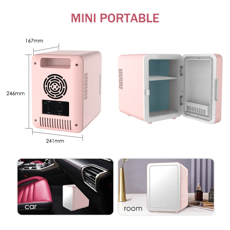 4 L Portable Mini Fridge Cooler, AC/DC Power Compact Small Refrigerator with Makeup Mirror