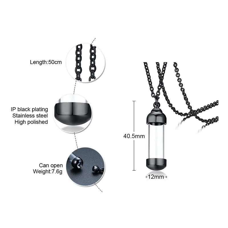 Can Open Container Diy Necklace Jewelry Black Silver Gold Plated Stainless Steel Necklace Glass Bottles Necklace For Pet Ashes