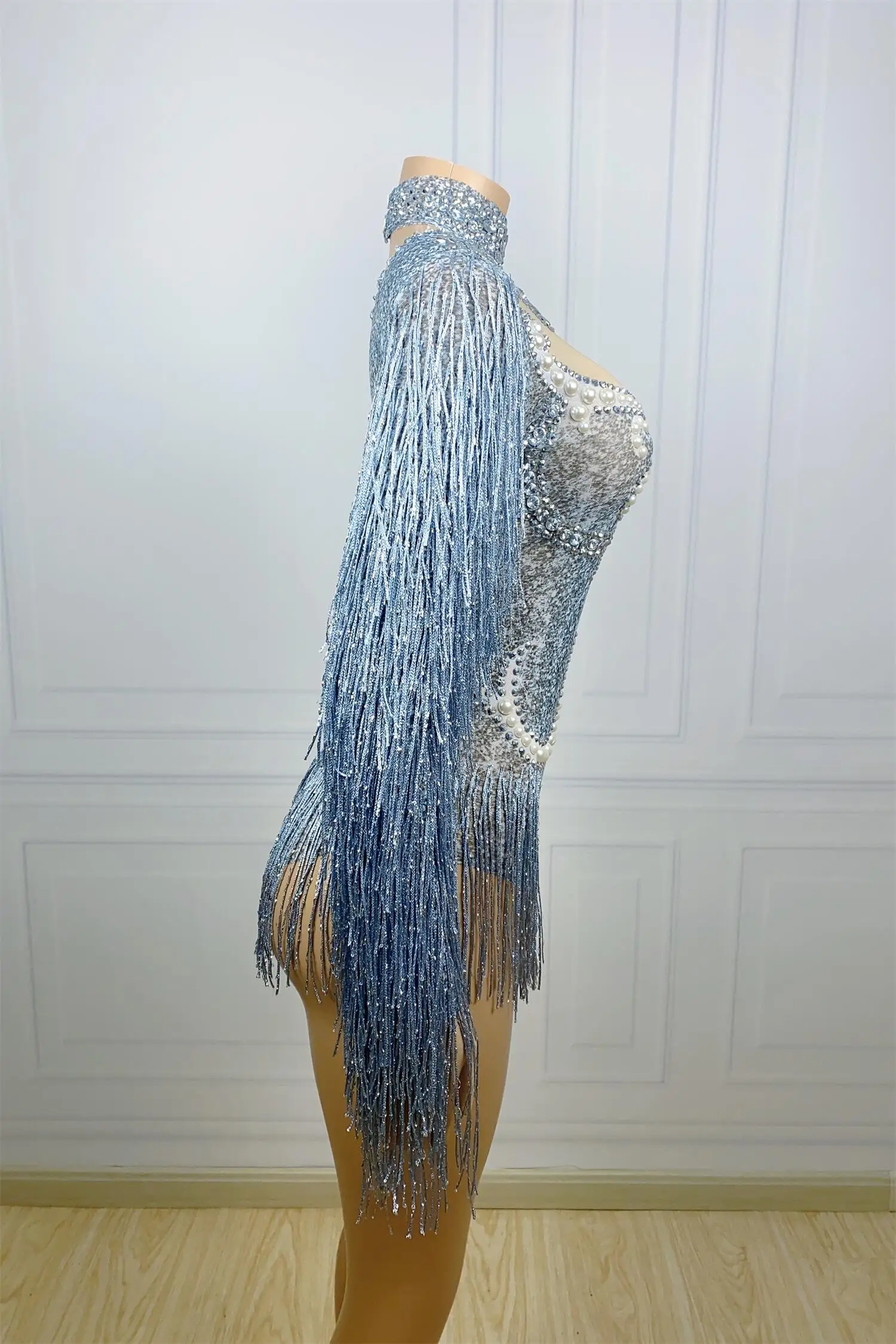 Sexy Long Sleeves Tassel Pearls One Piece Short Jumpsuit Stripper Outfits Dancewear Women Stage Performance Rhinestone Bodysuit