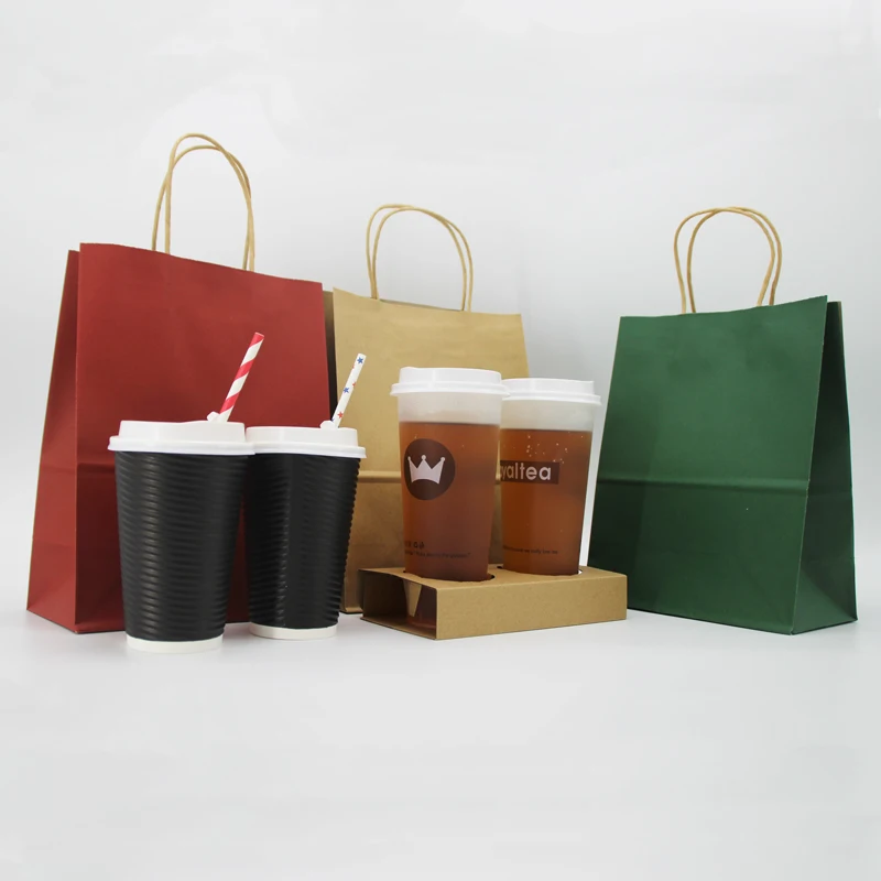 Promotional wholesale reusable custom printing luxury brown white  restaurant food takeaway packaging kraft paper bag handle