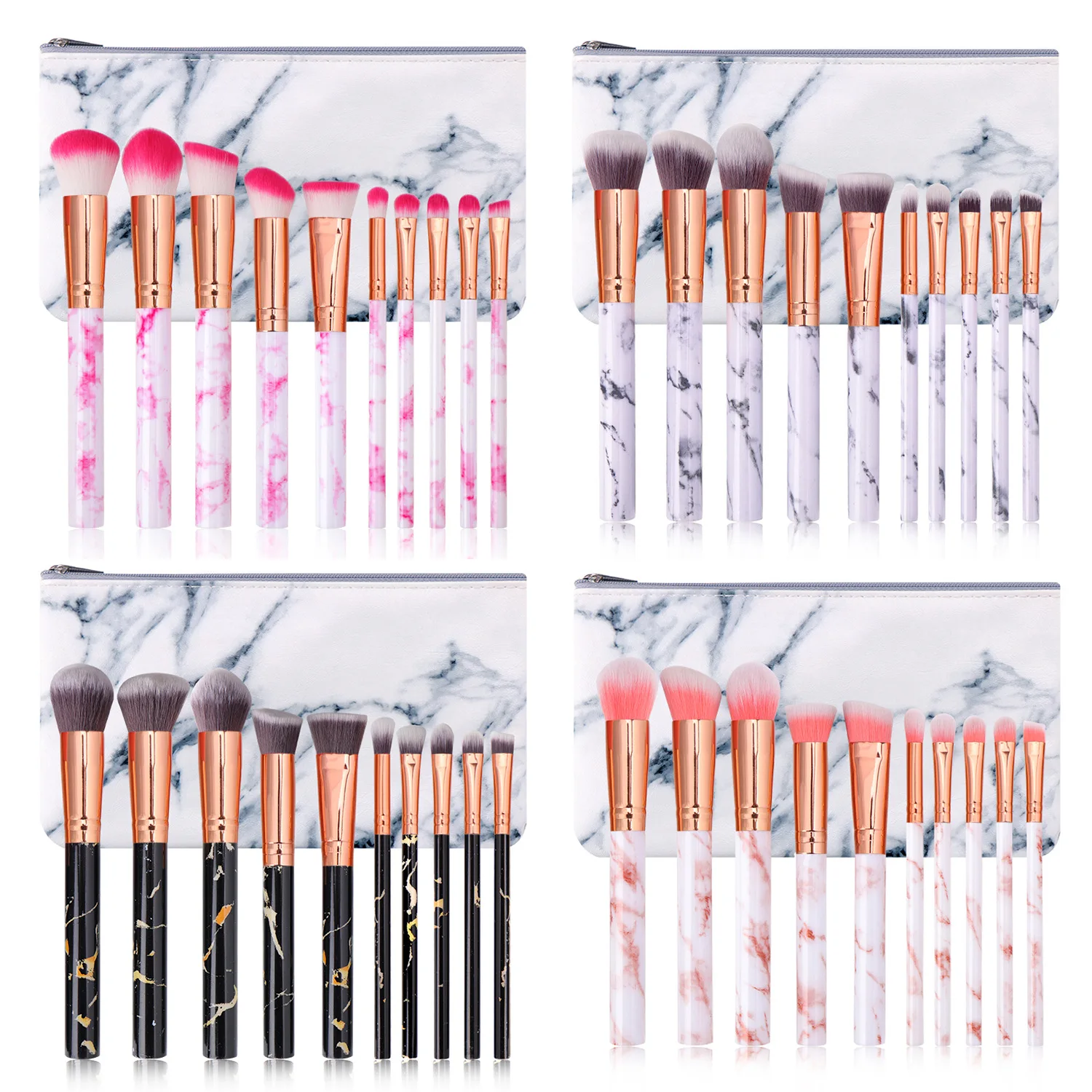 HMU Professional Make Up Brush Set Natural Gemstone Kabuki Cheap 10pcs Marble Handle Makeup Brushes With Case