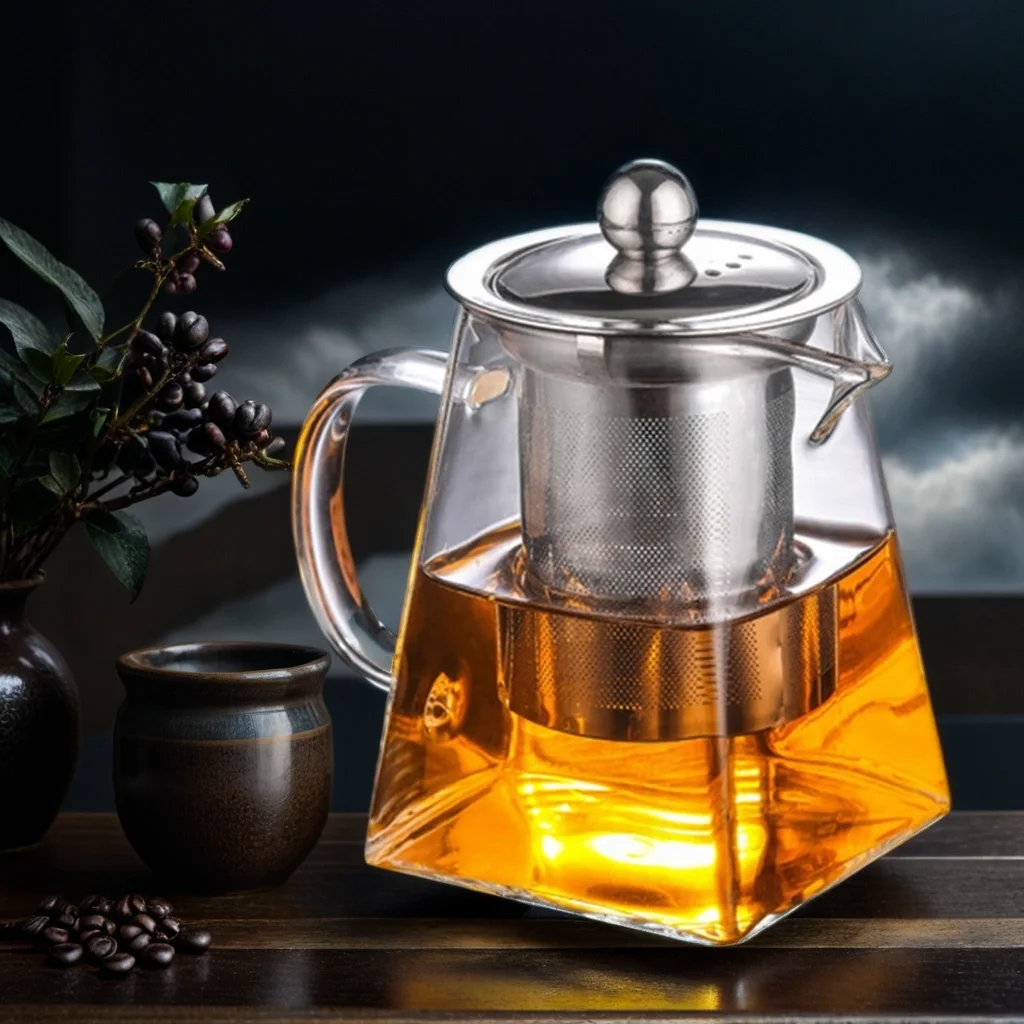 Transparent Heat Resistant Square Shape borosilicate Glass Teapot with Stainless Steel Infuser glass kettle with filter