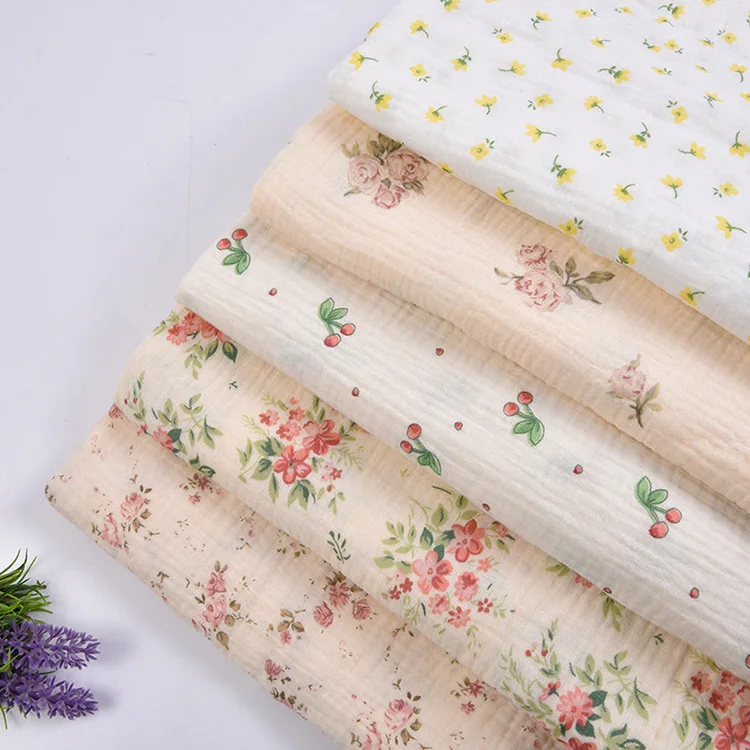Custom Super Soft Floral Print 100% Organic Cotton Muslin Swaddle Double Gauze Newborn Baby Blanket Fabric