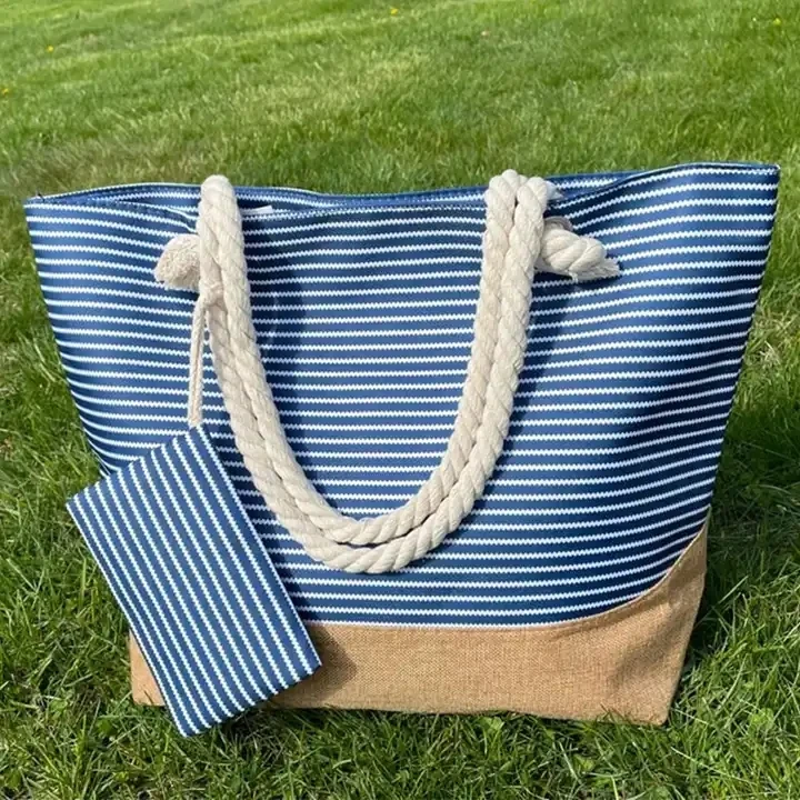 Wholesale Custom Large Beach Bag Fashion Personalized Tote Bag Striped Canvas Beach Bag