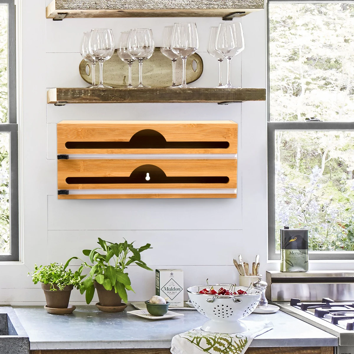 Wholesale Bamboo Aluminum Plastic Wrap Organizer and Tin Foil Dispenser with Cutter and Roller Foil