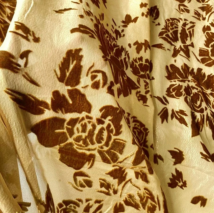 12mm Silk golden metallic woven basic ground rayon burnt out velvet fabric for ladies fashion shirts, tops, dress
