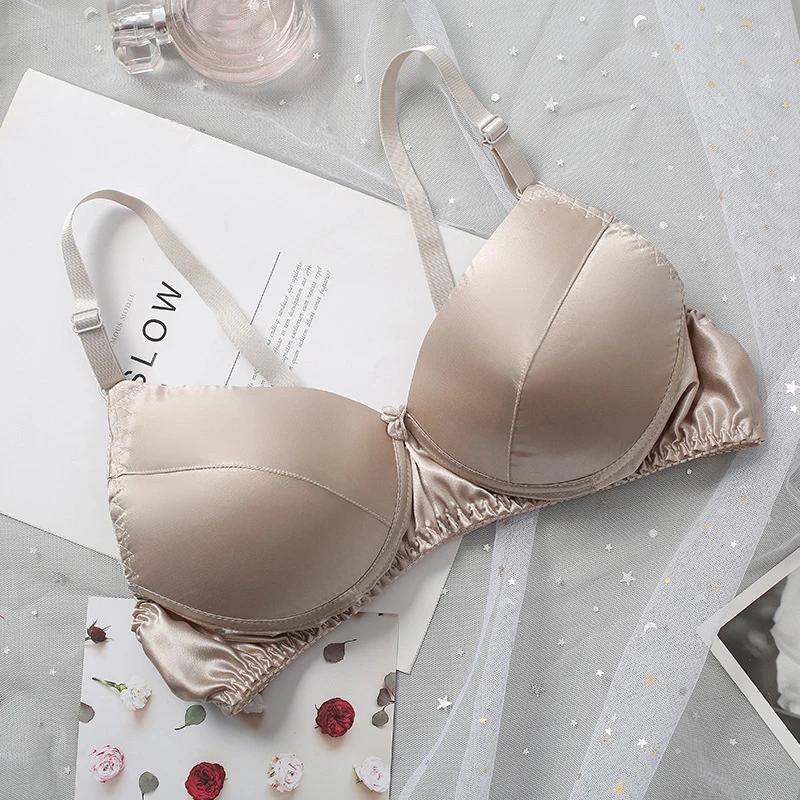 plus size woman black pink silk bra comfortable adjustable sexy breathable wireless silk lingerie bra