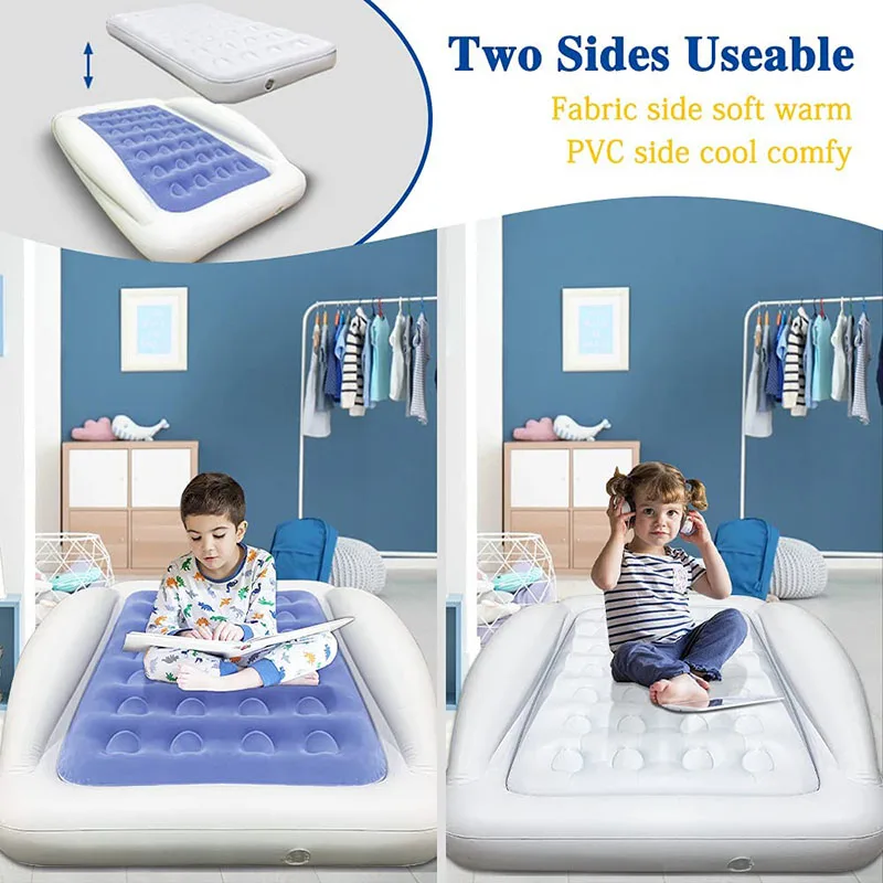Inflatable Kids Travel Bed Toddler Air Mattress Set - Portable Blow Up Mattress Sleeping Bed Cot with Security Bed Rails and Ele