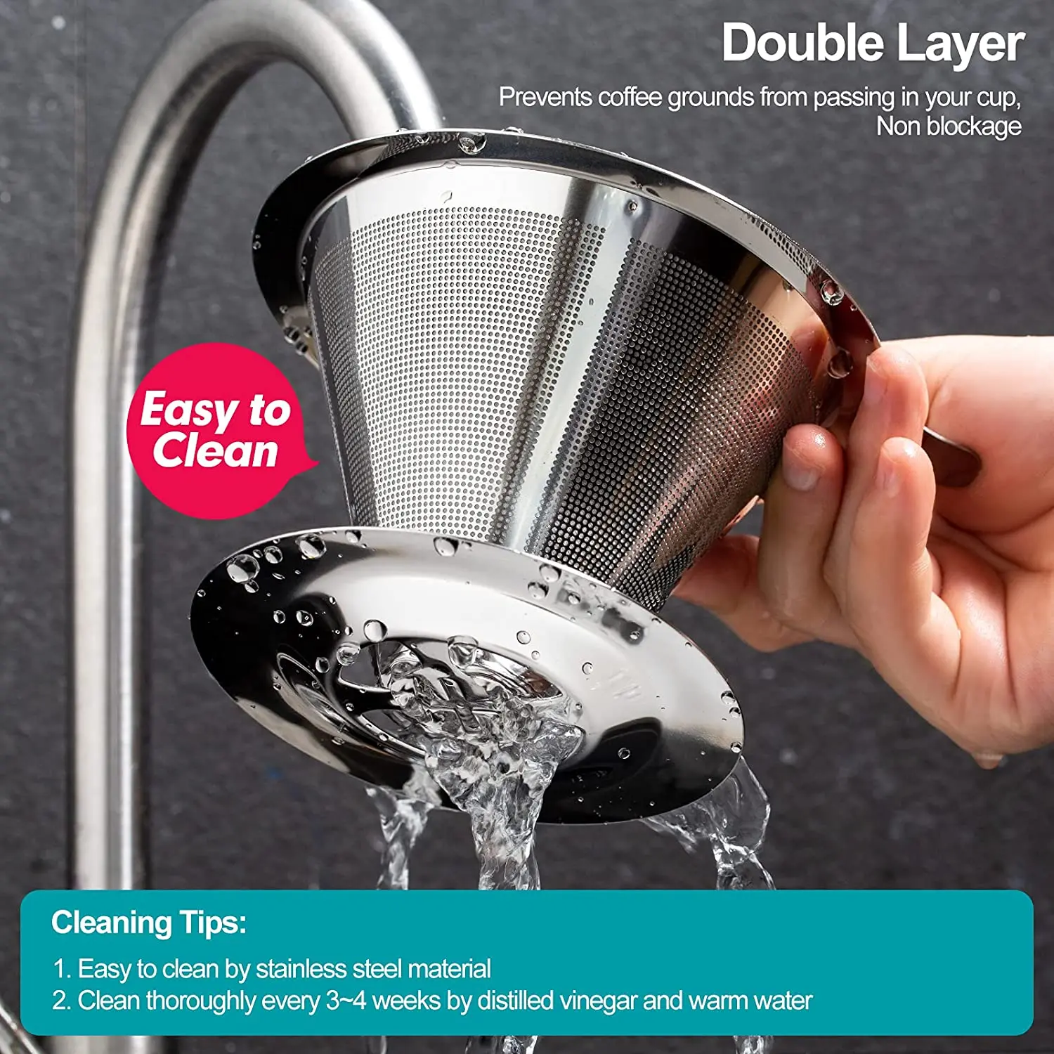 Pour Over Coffee Dripper Stainless Steel Slow Drip Coffee Filter Metal Cone Reusable Non-slip Cup Stand