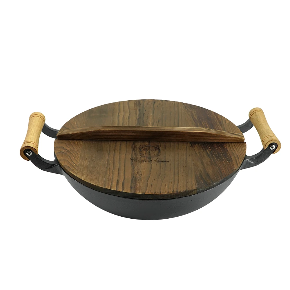 Double wooden handle Black Cast Iron Pre-Seasoned Wok Chinese Wok Round Cast Iron Cookware With Lid