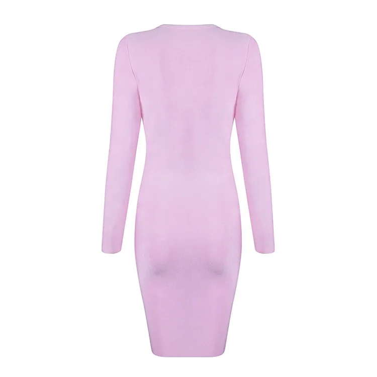 Pink wholesale celebrity cheap mini style rayon midi high quality long sleeve party vestidos sexy women bodycon bandage dress