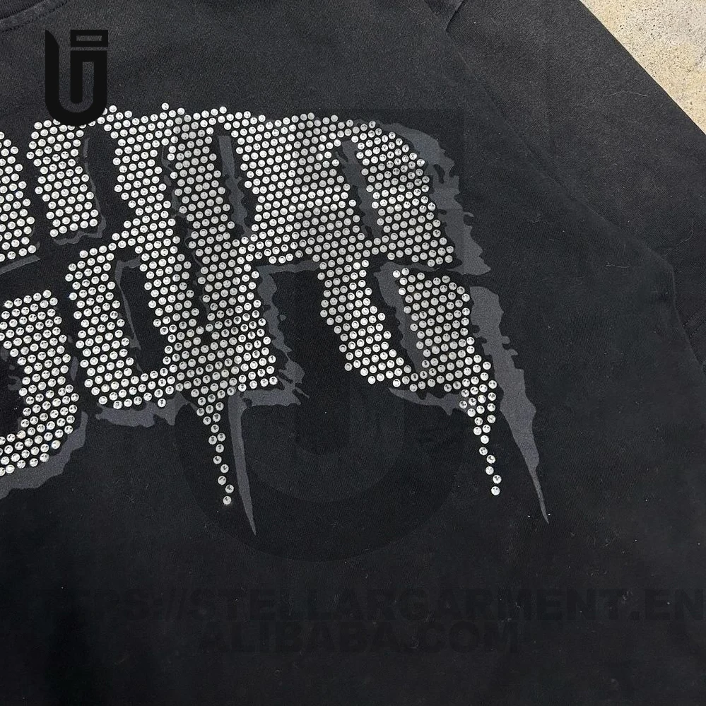 Custom Mens Embroidered Rhinestone Double Layered Long Sleeve T Shirt Cotton Vintage Boxy Cropped Distressed Oversized T Shirt