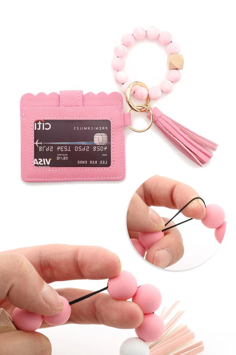Silicone Beaded Keychain Wristlet Card Holder Key Chain Elastic Bangle Card Wallet Holder Beads Wristlet Keychains With Tassel