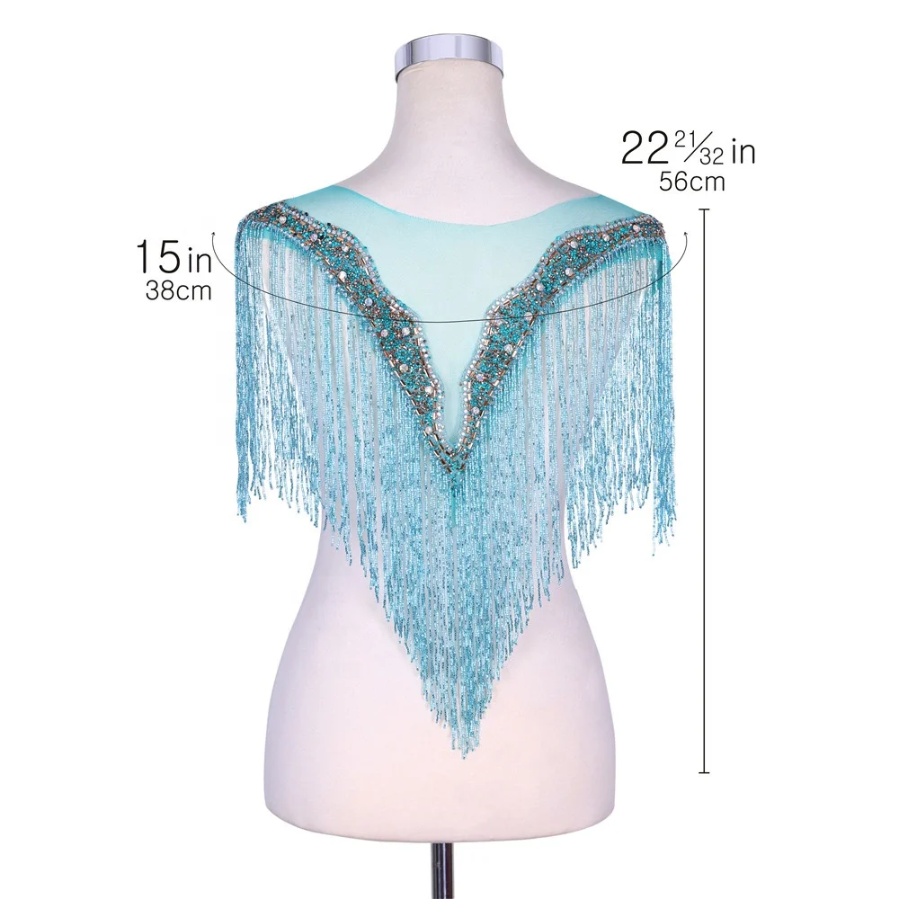 High quality wholesale beaded bridal wedding evening dress tassel fringe and trims rhinestone neckline applique