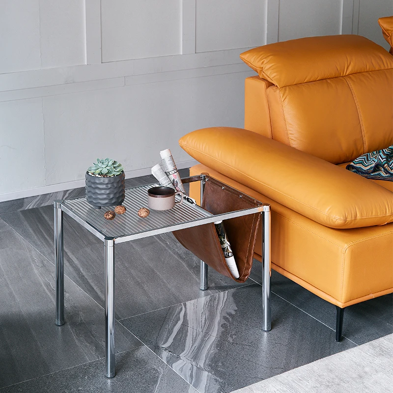 Modern Home Furniture Indoor Metal Frame Small Coffee Table Glass TOP Magazine Bag Holder Sofa Side Table